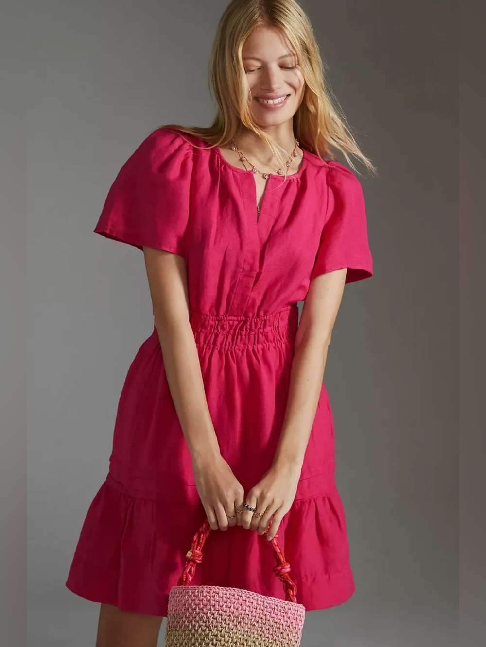 Anthropologie The Somerset Linen Blend Smocked Waist Mini Dress in Hot Pink